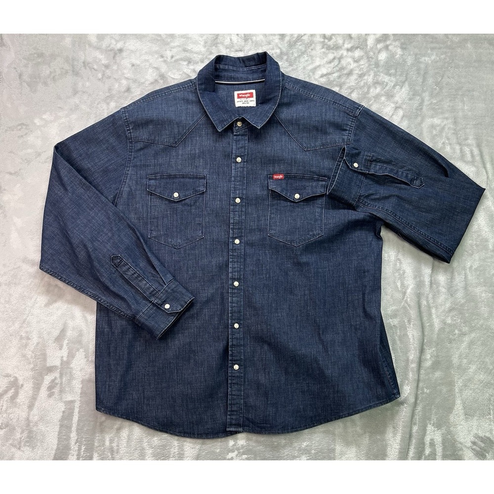 Wrangler Mens Western Denim Pearl Snap Shirt Dark Wash Indigo Long Sleeve 2XL